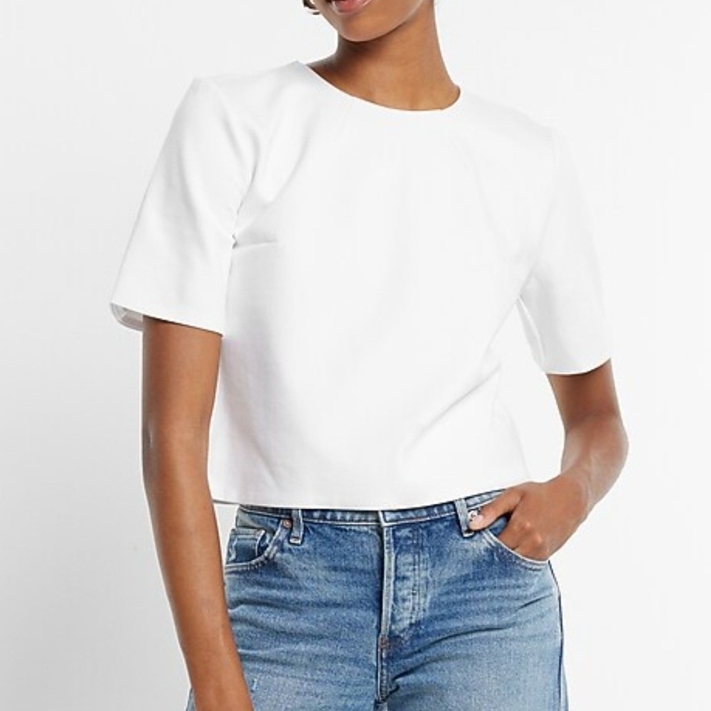 New! Express Boxy White Ponte Top Pleat Crew Neck Clean Office Siren Minimal S